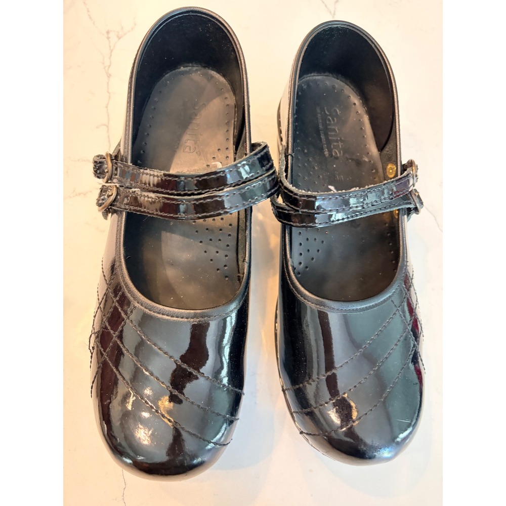 Sanita Clogs Black Patent Leather Quilted Double Mary Jane Strap Professional 38